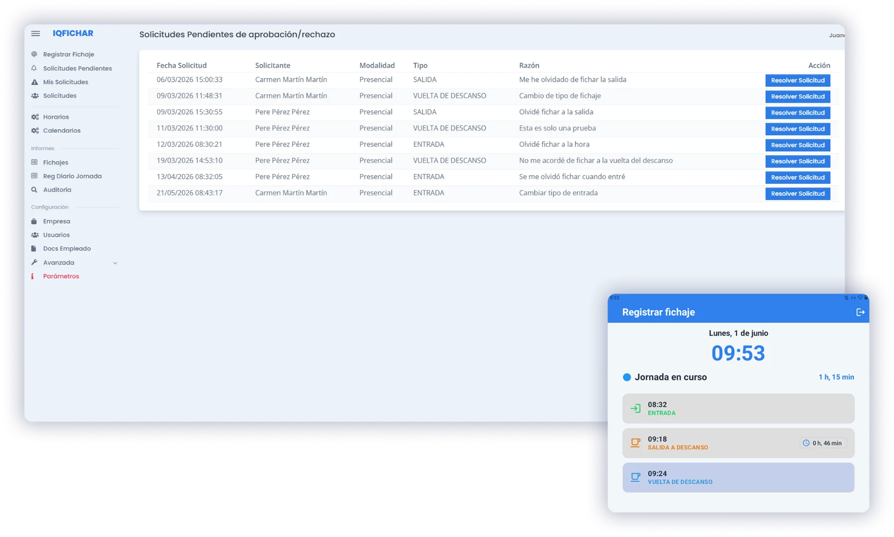 Funcionalidades incluidas en el software de control horario